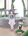  ankle_boots ankle_socks aqua_hair arch blouse boots bush expressionless fountain frilled_sleeves frills green_eyes hairband hands_on_lap hands_on_own_chest hat hat_ribbon heart highres khylimei komeiji_koishi komeiji_satori looking_at_viewer multiple_girls on_ground plant purple_eyes purple_hair ribbon short_hair siblings sisters sitting sketch skirt slippers smile third_eye touhou vines wariza 