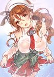  breasts brown_eyes brown_hair detached_sleeves hat kantai_collection large_breasts littorio_(kantai_collection) long_hair looking_at_viewer necktie open_mouth otabe_sakura see-through solo 