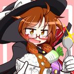  :d ahoge blush bowl brown_eyes brown_hair cape cocked_eyebrow commentary_request curry curry_rice daikon fang food glasses glint gloves hat open_mouth raised_eyebrow rice rindou_(p41neko) semi-rimless_eyewear short_hair smile solo spork touhou usami_sumireko v-shaped_eyebrows white_gloves 