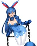  :d animal_ears azumarill blue_hair breasts chain cleavage covered_navel detached_collar earrings fake_animal_ears gen_2_pokemon jewelry katagiri_hachigou large_breasts looking_at_viewer open_mouth pantyhose personification pokemon simple_background smile solo white_background wrist_cuffs 