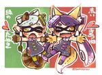  2girls ;d animal_ears aori_(splatoon) detached_collar domino_mask dress fangs food food_on_head fox_ears fox_tail green_legwear hair_rings hotaru_(splatoon) kemonomimi_mode leaf long_hair mask mole mole_under_eye multiple_girls object_on_head one_eye_closed open_mouth pantyhose pointy_ears purple_hair purple_legwear raccoon_ears raccoon_tail same_anko short_dress short_hair short_jumpsuit silver_hair smile splatoon_(series) splatoon_1 strapless strapless_dress sushi tail tentacle_hair unitard yellow_eyes 