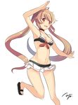  arm_up armpits bikini bikini_skirt choker kantai_collection koruta_(nekoimo) long_hair looking_at_viewer murasame_(kantai_collection) navel red_eyes signature simple_background solo swimsuit twintails very_long_hair weapon white_background 