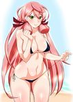  akashi_(kantai_collection) bikini blush breasts cleavage green_eyes hair_ribbon highres kantai_collection large_breasts long_hair looking_at_viewer micro_bikini midriff mizuse_kouichi navel pink_hair ribbon side-tie_bikini smile solo swimsuit tress_ribbon underboob 