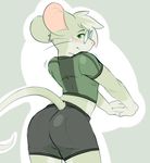 2015 anthro blush butt clothing eyewear fur glasses green_eyes grey_fur looking_back male mammal matcha mouse permavermin rear_view rodent shirt short_shirt shorts smile solo stretching tight_clothing track_shorts tracksuit whiskers 
