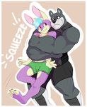  2015 anthro bear_hug big_muscles blue_hair canine clothing dog duo eye_contact fur great_dane grey_fur hair horrorbuns_(character) hound_(character) lagomorph looking_back male mammal multicolored_fur muscles permavermin playful purple_fur rabbit shirt shorts size_difference smile tight_clothing track_shorts tracksuit two_tone_fur white_fur wrestler wrestling_singlet 
