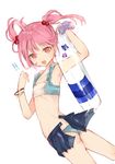  1girl :d ao68 armpits bad_id bad_twitter_id bikini bracelet cowboy_shot flat_chest hair_bobbles hair_ornament innertube jewelry kantai_collection looking_at_viewer open_mouth pink_eyes pink_hair sazanami_(kantai_collection) short_hair skirt smile solo swimsuit twintails 