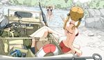  adapted_costume ass ball bare_legs beachball bikini bismarck_(kantai_collection) blonde_hair brown_hair cigarette from_behind ground_vehicle gun hat innertube kantai_collection long_hair low_twintails machine_gun mg34 military military_uniform motor_vehicle multiple_girls ninimo_nimo peaked_cap prinz_eugen_(kantai_collection) red_bikini schwimmwagen sitting sleeveless straw_hat string_bikini swimsuit twintails uniform water weapon z1_leberecht_maass_(kantai_collection) z3_max_schultz_(kantai_collection) 