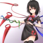  1girl ahoge black_dress black_hair black_legwear cowboy_shot dress frown grey_background hair_between_eyes holding houjuu_nue looking_at_viewer magatama_print print_dress red_eyes santarou shiny shiny_hair short_dress short_hair simple_background snake solo standing thighhighs touhou v-shaped_eyebrows wings zettai_ryouiki 