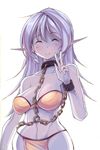  bdsm between_breasts blue_hair blush bra breasts chain collar cuffs cuffs-to-collar dark_elf elf elf_slave_(maullarmaullar) large_breasts loincloth long_hair maullarmaullar metal_collar midriff original pelvic_curtain pointy_ears purple_skin shackles slave smile solo strapless strapless_bra underwear upper_body 