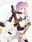  bad_id bad_pixiv_id bag bangs bikini blue_eyes boots brown_gloves bulma camouflage camouflage_bikini dragon_ball dragon_ball_(classic) dragon_radar from_above gloves gun hair_tie holding holding_gun holding_weapon hover_bike humiyooo pouch purple_hair radar short_shorts shorts solo swimsuit weapon 