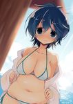  3: artist_name bikini blue_eyes blue_hair blush breasts character_request cleavage collarbone curvy large_breasts looking_at_viewer navel plump sagging_breasts short_hair solo swimsuit water yuzuki_gao 
