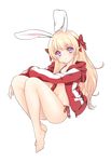  absurdres animal_ears bad_id bad_pixiv_id bare_legs barefoot bikini_top blonde_hair blush bunny_ears full_body highres jacket long_hair looking_at_viewer pointy_ears purple_eyes raind solo track_jacket transparent_background 