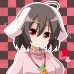  ahoge animal_ears black_hair bunny_ears checkered checkered_background evandragon heart inaba_tewi jewelry pendant red_eyes short_hair solo touhou 