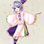  asa_(ces6ces8) folded_leg grey_background hat japanese_clothes kariginu looking_at_viewer mononobe_no_futo open_mouth outstretched_arms pom_pom_(clothes) shadow short_hair silver_eyes silver_hair simple_background solo spread_arms standing standing_on_one_leg tate_eboshi touhou 