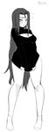  bare_legs blush breasts cleavage cleavage_cutout clothes_tug embarrassed full_body greyscale highres long_hair looking_at_viewer meme_attire monochrome naked_sweater open-chest_sweater original razalor simple_background small_breasts socks solo sweater sweater_tug turtleneck very_long_hair 