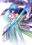  1girl bare_shoulders breasts dragon gradient gradient_background large_breasts lightning mo-frederick sword 