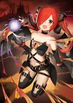  bare_shoulders belt black_gloves black_legwear blush ccaw commentary_request demon_girl elbow_gloves flat_chest gloves hair_over_one_eye highres horns long_hair looking_at_viewer navel open_mouth original red_eyes red_hair smile solo strapless thighhighs tubetop 