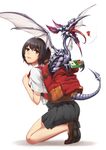  backpack bag black_hair churayuki dragon highres kneeling looking_back obentou original pleated_skirt red_eyes school_uniform short_hair skirt solo sweatdrop tail wings 