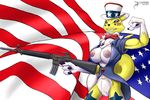  2015 arashidrgn big_breasts breasts canine clothing digimon female fox fur gun looking_at_viewer mammal nipples pussy ranged_weapon renamon stars_and_stripes united_states_of_america weapon white_fur yellow_fur 