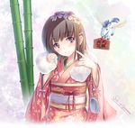  bamboo blush brown_hair flower hair_flower hair_ornament japanese_clothes kimono looking_at_viewer original smile solo soraizumi 