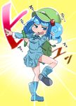  absurdres backpack bag blue_eyes blue_hair cucumber flanvia hair_bobbles hair_ornament hat highres kawashiro_nitori pose solo touhou twintails two_side_up 