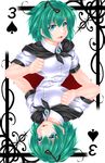  antennae brooch cape card card_(medium) clenched_hand green_eyes green_hair highres jewelry open_mouth playing_card rotational_symmetry short_sleeves solo spade_(shape) symmetry touhou wriggle_nightbug yoiti 