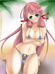  akashi_(kantai_collection) bad_id bad_pixiv_id bikini blush breast_hold breasts covered_nipples full-face_blush green_eyes hair_ribbon kantai_collection long_hair looking_at_viewer medium_breasts micro_bikini mikumari_yusa nipple_slip nipples partially_visible_vulva pink_hair ribbon see-through solo swimsuit tress_ribbon wavy_mouth 