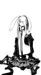  age_regression animal_ears blazer bunny_ears extra_ears greyscale hair_over_one_eye high_contrast highres jacket long_hair monochrome necktie oversized_clothes reisen_udongein_inaba ruukii_drift sketch skirt sleeves_past_wrists solo touhou younger 