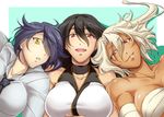  bare_shoulders black_hair blush breasts cleavage commentary_request girl_sandwich hair_down kantai_collection large_breasts long_hair multiple_girls musashi_(kantai_collection) nagato_(kantai_collection) necktie orange_eyes pointy_hair purple_hair red_eyes sandwiched short_hair smile tenryuu_(kantai_collection) tsuzuki_masumi white_hair yellow_eyes 