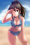  :q beach bikini black_eyes breasts brown_hair cleavage day front-tie_top idolmaster idolmaster_million_live! leaning_forward looking_at_viewer medium_breasts minato_kazumi ocean outdoors ponytail salute satake_minako smile solo striped striped_bikini swimsuit tongue tongue_out water 