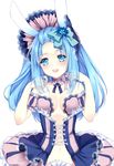  animal_ears aque_shen_lei blue_eyes blue_hair bow breasts bunny_ears cleavage corset hair_bow long_hair open_mouth original simple_background small_breasts smile solo symbol-shaped_pupils 