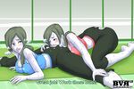  anilingus barefoot blueversusred blush breasts capri_pants cleavage clothed_sex covered_nipples drooling dual_persona grey_eyes long_hair lying multiple_girls nintendo no_panties on_stomach one_eye_closed pants ponytail selfcest split subtitled sweat tank_top white_skin wii_fit wii_fit_trainer yuri 