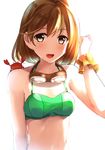  akabane_rin animal animal_on_shoulder bikini_top brown_hair crab fang goggles goggles_around_neck highres kantai_collection oboro_(kantai_collection) open_mouth scrunchie short_hair solo wrist_scrunchie 