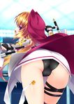  ass blonde_hair cameltoe chantez_arpinion chikyuujin_a dual_wielding highres holding looking_at_viewer lyrical_nanoha mahou_shoujo_lyrical_nanoha_vivid open_mouth panties purple_eyes solo underwear 