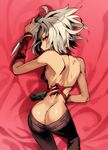  428 ass back bangle bed_sheet beretta_px4 bracelet breasts canaan canaan_(character) dark_skin detached_sleeves dual_wielding from_behind gun handgun holding ishida_akira jewelry knife looking_back lowleg lowleg_pants lying on_stomach pants pistol red_eyes reverse_grip sideboob silver_hair small_breasts solo torn_clothes weapon 