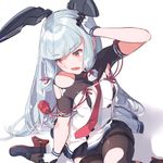  bangs black_legwear blue_hair blunt_bangs gloves kantai_collection long_hair murakumo_(kantai_collection) necktie open_mouth pantyhose red_eyes remodel_(kantai_collection) sitting solo supertie thighband_pantyhose torn_clothes torn_legwear wariza 