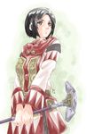  black_eyes black_hair cowboy_shot final_fantasy final_fantasy_xi hume light_smile looking_to_the_side mace morere short_hair signature simple_background solo weapon white_background white_mage 