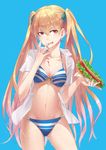  :p bikini blonde_hair blue_background blue_nails breasts churayuki cleavage cowboy_shot food highres hot_dog ketchup licking_lips long_hair medium_breasts nail_polish navel original red_eyes simple_background smile solo swimsuit tongue tongue_out twintails wet 