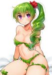  bare_shoulders breasts dryad_(terraria) green_hair large_breasts leaf_clothing looking_at_viewer naso4 pointy_ears ponytail purple_eyes simple_background smile solo terraria thighs white_background 