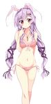  :/ alternate_hairstyle animal_ears bangs bikini blush breasts bunny_ears carrot_hair_ornament cleavage eyelashes food_themed_hair_ornament front-tie_bikini front-tie_top groin hair_bobbles hair_ornament hair_ribbon hairclip head_tilt highres jewelry jpeg_artifacts long_hair looking_at_viewer maturiuta_sorato medium_breasts navel necklace parted_bangs pendant playing_with_own_hair purple_hair red_eyes reisen_udongein_inaba ribbon side-tie_bikini simple_background solo swimsuit tareme thigh_gap touhou white_background 