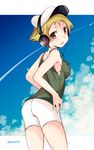  abenattou artist_name blonde_hair brown_eyes cabbie_hat casual cloud cloudy_sky commentary condensation_trail day erwin_(girls_und_panzer) from_behind girls_und_panzer hat headphones looking_at_viewer outdoors short_hair shorts signature sky smile solo tank_top 