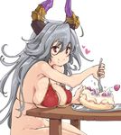  ahoge bikini_top bottomless breast_rest breasts cake cleavage covered_nipples draph food fork fruit granblue_fantasy grey_hair happy heart heart-shaped_pupils horns huge_breasts large_breasts looking_at_viewer no_panties pastry red_eyes saliva simple_background sitting smile solo strap_gap strawberry symbol-shaped_pupils table thalatha_(granblue_fantasy) thomasz white_background 