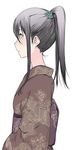  black_hair eyeliner highres japanese_clothes kimono makeup nape obi original ponytail sash shiro_shougun simple_background solo upper_body white_background 