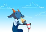  bicycle blue_fur caprine clothed clothing cloud eating female food fur goat horn mammal nan_(nq) nan_quest outside overalls papplemelon pizza riding solo 