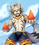  2018 5_fingers anthro black_markings brown_fur canine clothed clothing ear_piercing food front_view fruit fur green_eyes hi_res holding_object jewelry male mammal markings melon navel necklace open_mouth outside piercing primodrago seth_(tas) sharp_teeth solo standing swimming_trunks swimsuit teeth tokyo_afterschool_summoners topless video_games water watermelon 