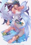  anklet bare_shoulders barefoot blue_eyes blue_hair detached_sleeves dress feet isis_(p&amp;d) jewelry kneeling long_hair looking_back puzzle_&amp;_dragons raion_(soraelf) soles solo star strapless strapless_dress very_long_hair watermark web_address white_dress 