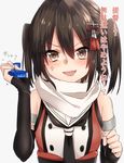  :d anger_vein bangs bare_shoulders brown_eyes brown_hair cigarette_box double-breasted elbow_gloves fingerless_gloves gloves hair_ornament kantai_collection keita_(tundereyuina) open_mouth remodel_(kantai_collection) scarf sendai_(kantai_collection) short_hair smile solo translated two_side_up upper_body v-shaped_eyebrows 