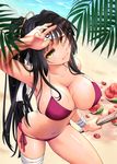  armpits bandages beach bikini black_hair breasts cleavage collarbone food fruit head_tilt large_breasts long_hair looking_at_viewer mori_marimo navel original outdoors ponytail side-tie_bikini solo stick suikawari sweat swimsuit water watermelon yellow_eyes 