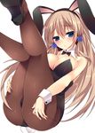  animal_ears blue_eyes blush breasts brown_legwear bunny_ears bunny_tail bunnysuit detached_collar fake_animal_ears fishnet_pantyhose fishnets high_heels large_breasts legs_up light_brown_hair looking_at_viewer original pantyhose simple_background solo sorai_shin'ya tail white_background wrist_cuffs 