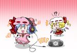  /\/\/\ 2girls :3 :d ascot bat_wings beamed_eighth_notes blonde_hair blue_hair bow brooch chibi commentary_request dancing detached_wings dress eighth_note flandre_scarlet gradient gradient_background hat hat_bow headphones jewelry mob_cap multiple_girls musical_note noai_nioshi open_mouth pink_dress puffy_short_sleeves puffy_sleeves red_bow red_dress remilia_scarlet short_hair short_sleeves smile sweat touhou unplugged wings |_| 